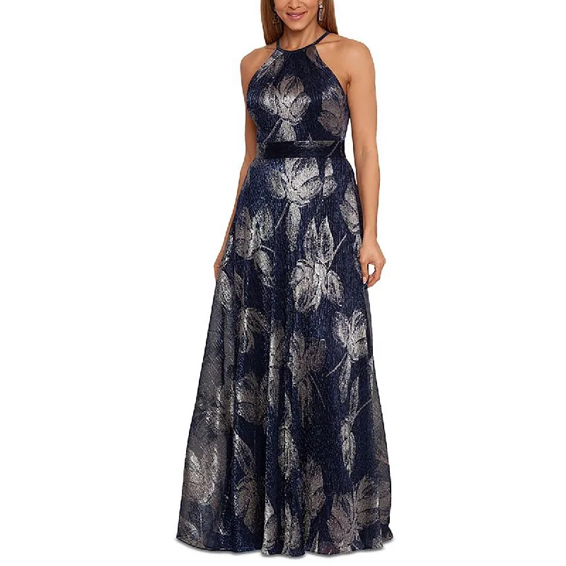 Womens Full Length Metallic Evening Dress Maxi Flowy Bohemian