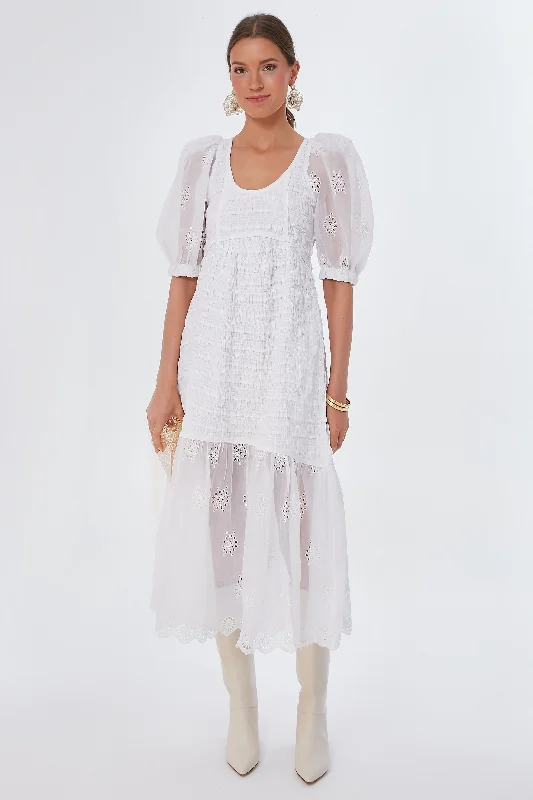 Eggshell Blaine Eyelet Puff Sleeve Smocked Dress Tunics Floral girly