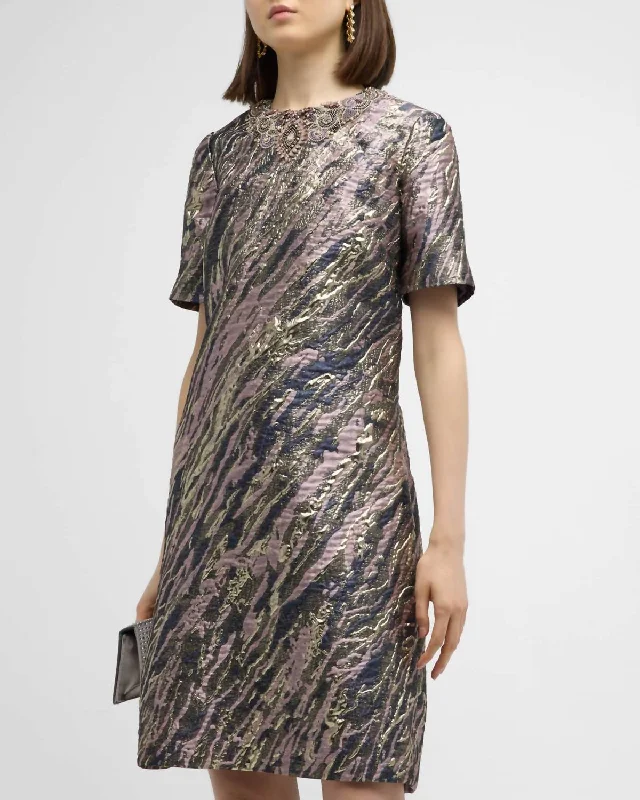 Rickie Freeman For Teri Jon Beaded Metallic Jacquard Shift Dress In Blush And Navy Metallic Tunics Gym athletic