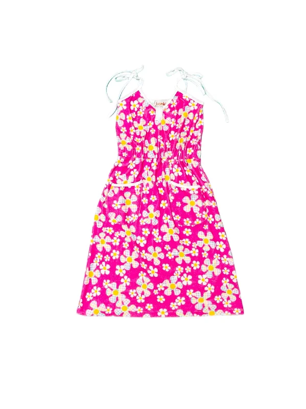 Women’s Terry Cloth Summer Dress — Barbie Pink Cowl Neckline Elegant