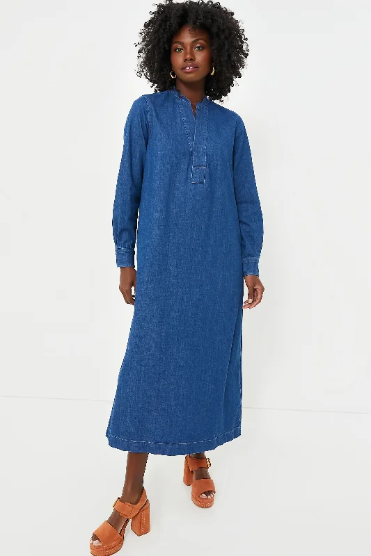 Indigo Cotton Twill Long Sleeve Day Dress Tunics Fall fleece