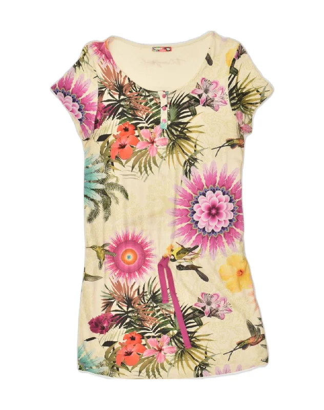 DESIGUAL Womens Drop Waist Dress UK 12 Medium Off White Floral Viscose Tunics Spring floral