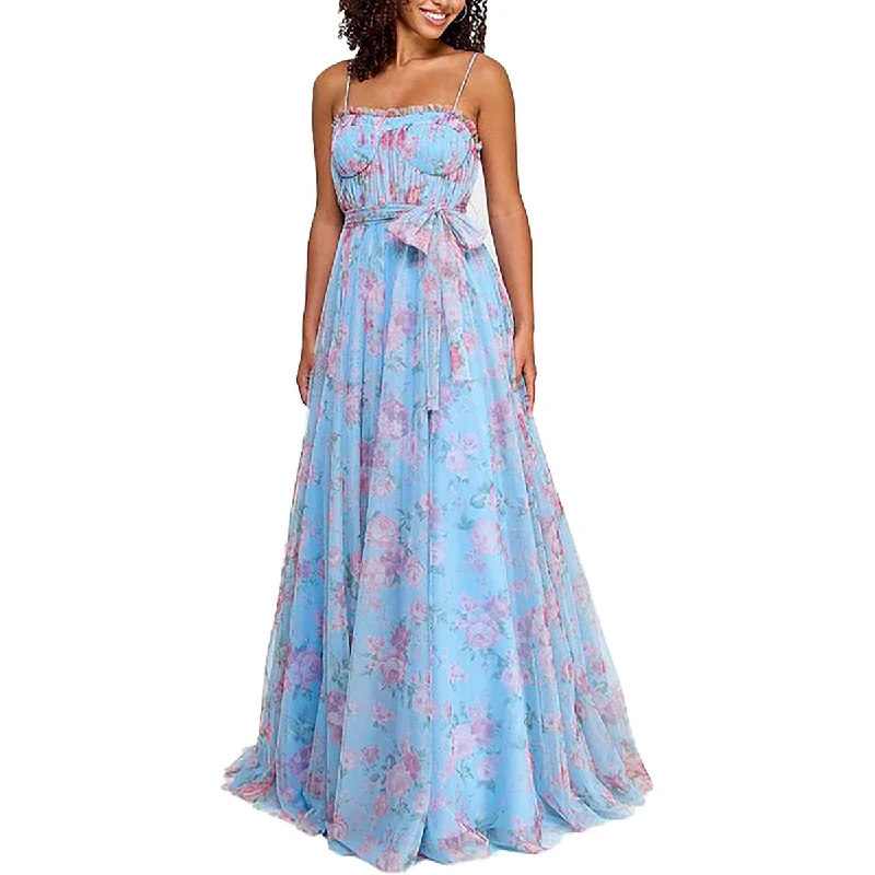 City Studio Womens Juniors Drapey Tulle Evening Dress Elegant Long Evening