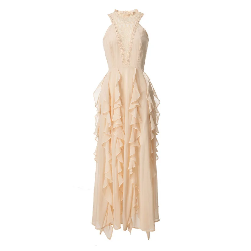 Bohemian Lace Trim Ruffled Sleeveless Crew Neck Maxi Evening Dress Tunics Satin smooth Bohemian Lace Trim Ruffled Sleeveless Crew Neck Maxi Evening Dress Tunics Satin smooth