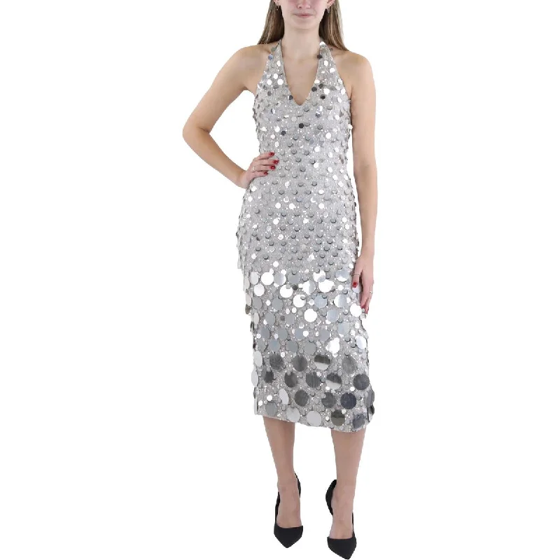 Womens Midi Embellished Halter Dress Tunics Velvet soft