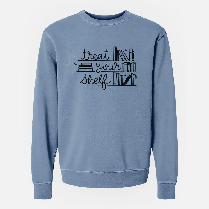 Treat Your Shelf - Book Pun - Unisex Pigment Dyed Crew Sweatshirt Hoodie with Hem Patch Decorative Personalized Treat Your Shelf - Book Pun - Unisex Pigment Dyed Crew Sweatshirt Hoodie with Hem Patch Decorative Personalized