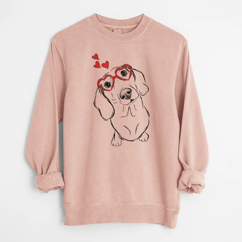 Valentine Bill the Dachshund - Unisex Pigment Dyed Crew Sweatshirt Hoodie with Drawcord Adjustable Secure Valentine Bill the Dachshund - Unisex Pigment Dyed Crew Sweatshirt Hoodie with Drawcord Adjustable Secure