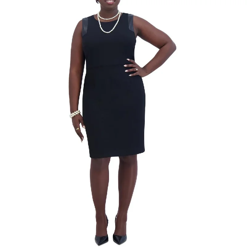 Plus Womens Faux Leather Trim Polyester Sheath Dress Tunics Stylish modern