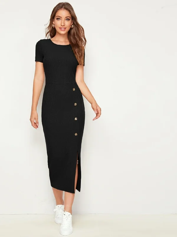 BUTTON DETAIL SPLIT HEM RIB-KNIT DRESS Tunics Lace romantic