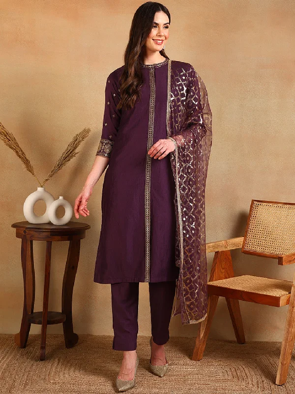 Women's Purple Silk Blend Embroidered Straight Kurta Pant Set With Dupatta - Ahika Elegant Dress Pants Women's Purple Silk Blend Embroidered Straight Kurta Pant Set With Dupatta - Ahika Elegant Dress Pants