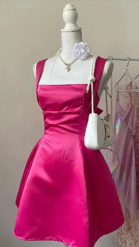 Chic A line Square Neckline Hot Pink Satin Short Party Dresses Homecoming Dresses Tunics Long Elegant Chic A line Square Neckline Hot Pink Satin Short Party Dresses Homecoming Dresses Tunics Long Elegant