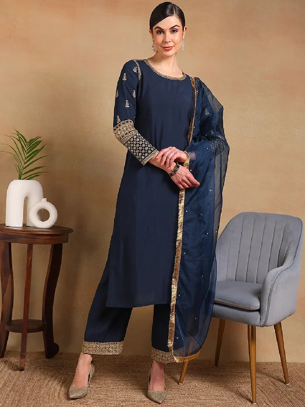 Women's Teal Silk Blend Embroidered Straight Kurta Pant Set With Dupatta - Ahika Relaxed High-Waist Trousers Women's Teal Silk Blend Embroidered Straight Kurta Pant Set With Dupatta - Ahika Relaxed High-Waist Trousers