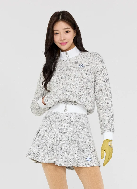 Tweed Zip-Up Jacket Welt Pockets Slit Pockets Flap Pockets