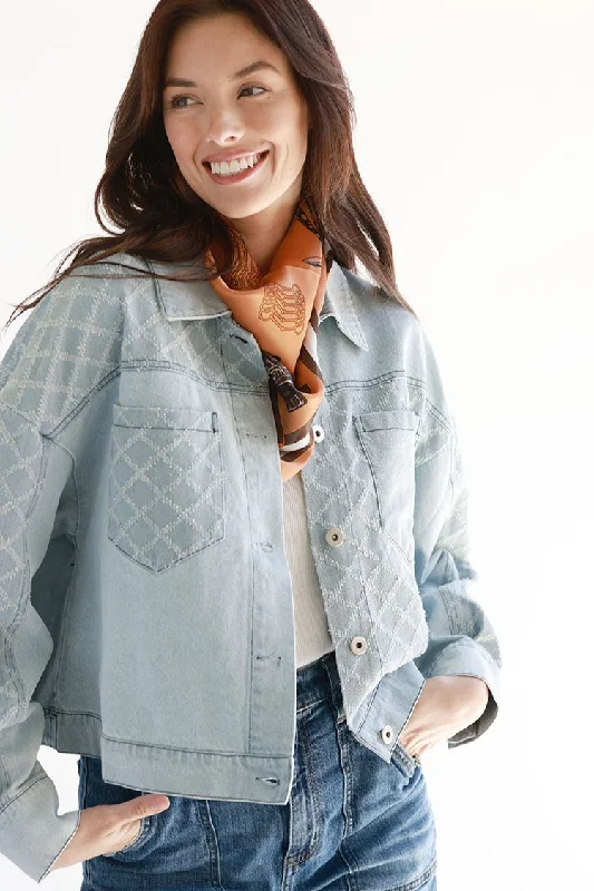 Textured Detail Light Wash Denim Jacket Satin Jacket Silk Jacket Chiffon Jacket