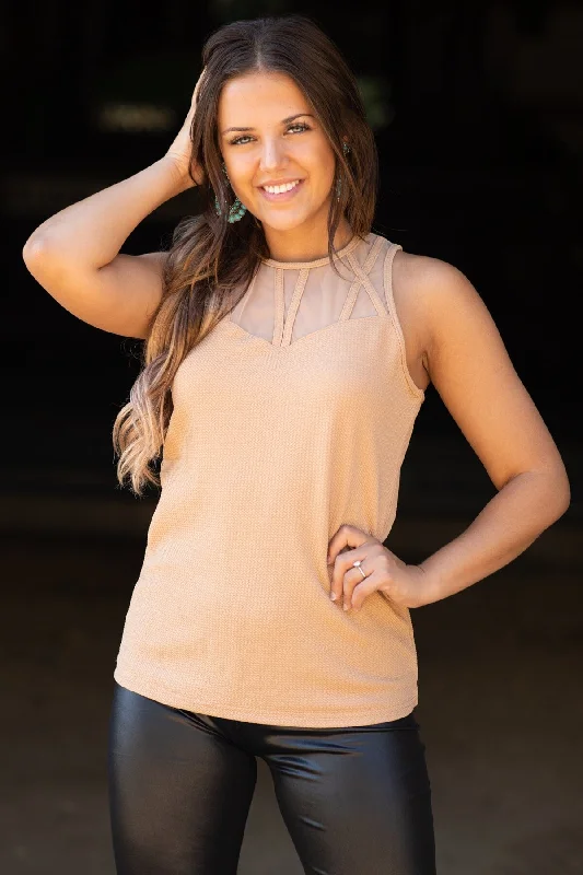 Tan Mesh Detail Tank bronze tank top