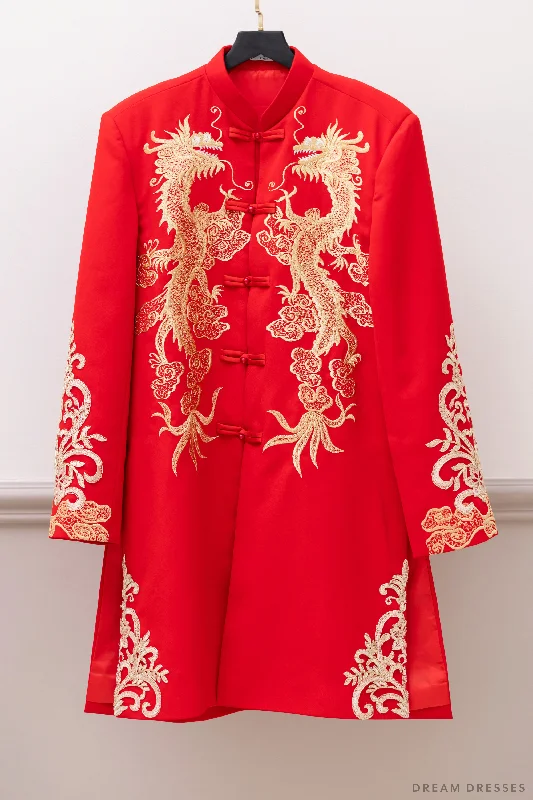 Red and Gold Groom Jacket with Dragon Embroidery| Red Chinese Tang Suit (#Khang) Tiered Jacket Buttoned Jacket Zippered Jacket Red and Gold Groom Jacket with Dragon Embroidery| Red Chinese Tang Suit (#Khang) Tiered Jacket Buttoned Jacket Zippered Jacket