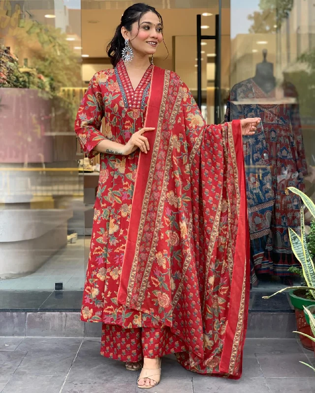 women's Viscose Red Anarkali Kurta And Pant Set With Dupatta - Alvami Casual Drawstring Pants women's Viscose Red Anarkali Kurta And Pant Set With Dupatta - Alvami Casual Drawstring Pants