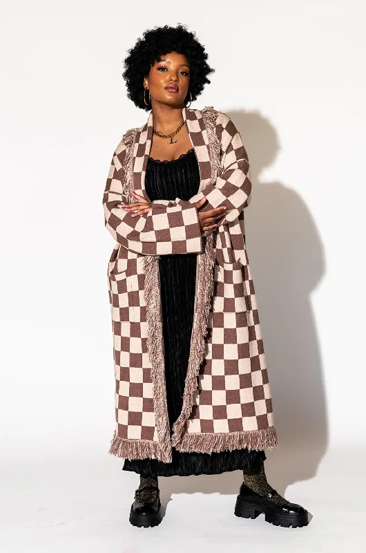 Luxe Fringe Blanket Cardigan in Neutral Check Deliciousness Glossy Satin Silk