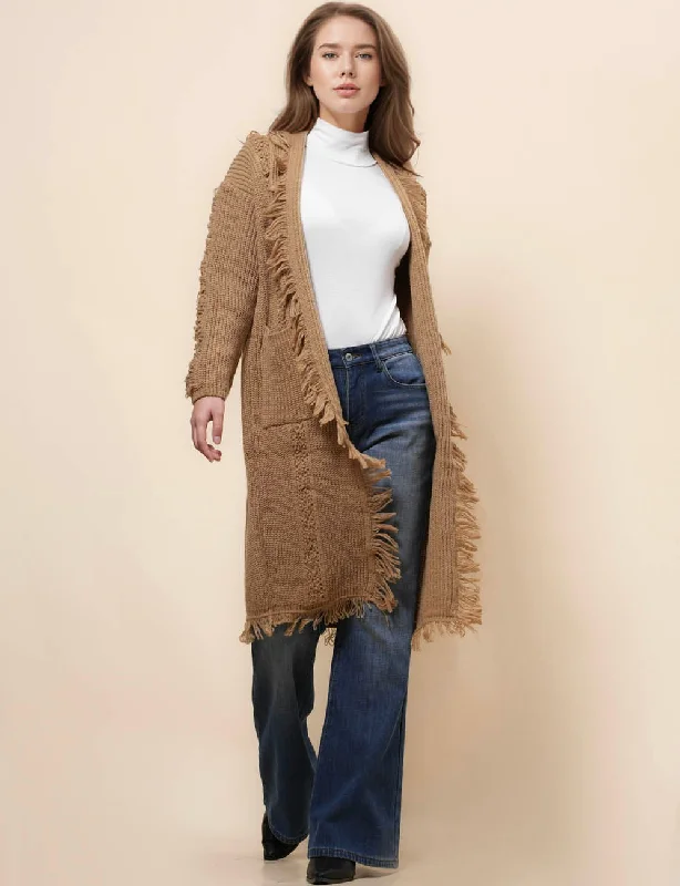 Ladies Solid Color Tassels Open Front Cardigan SKT41088 Crew Neck V-Neck Turtle Neck Ladies Solid Color Tassels Open Front Cardigan SKT41088 Crew Neck V-Neck Turtle Neck