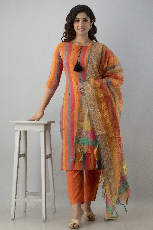 Women's Striped & Woven Cotton Blend Straight Kurta Pant & Dupatta Set (Orange) - Charu Modern Skinny Pants Women's Striped & Woven Cotton Blend Straight Kurta Pant & Dupatta Set (Orange) - Charu Modern Skinny Pants