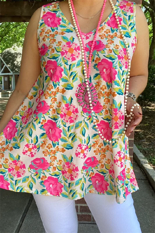 BQ14460 Fuchsia&Turquoise floral multi color printed sleeveless baby doll women tank tops teal tank top