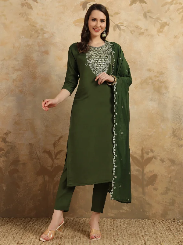 Women's Chanderi Kurta Pant Dupatta Set - Ariya Prints Comfortable Wide-Leg Pants