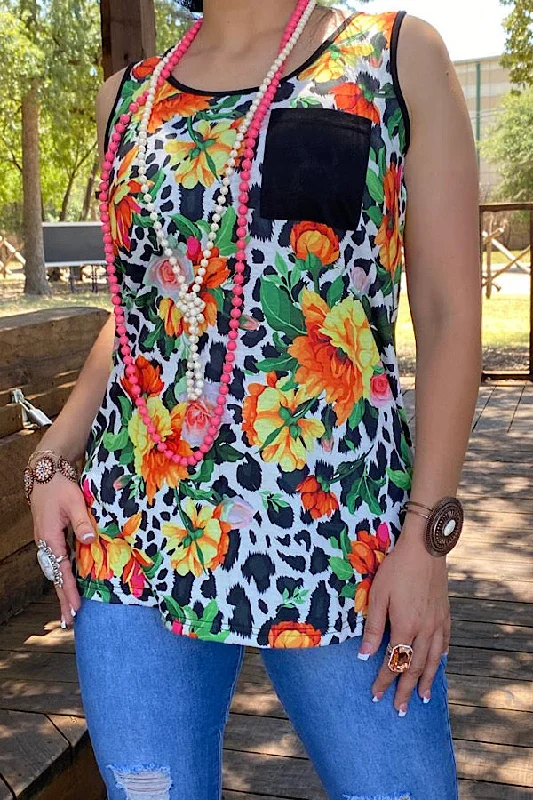 XCH10420 Floral/leopard printed tank top w/black front pocket lightweight tank top