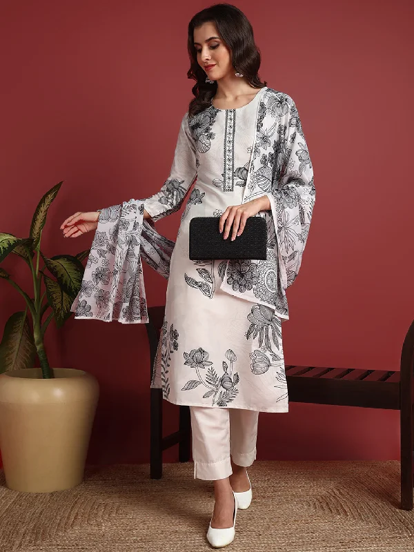 Women's Off White Silk Blend Printed Straight Kurta Pant Set With Dupatta - Ahika Slim-Fit Khaki Pants Women's Off White Silk Blend Printed Straight Kurta Pant Set With Dupatta - Ahika Slim-Fit Khaki Pants
