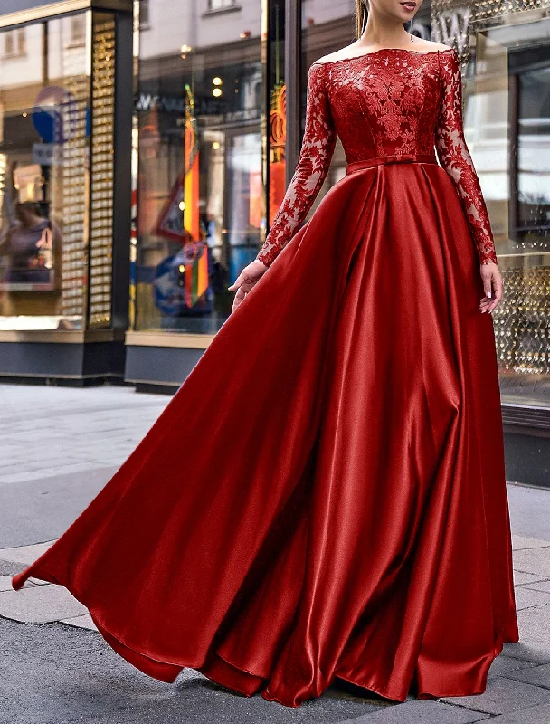 A-Line Evening Gown Party Dress Elegant Dress Wedding Guest Fall Floor Length Long Sleeve Off Shoulder Belt / Sash Satin with Appliques Tunics Plaid country A-Line Evening Gown Party Dress Elegant Dress Wedding Guest Fall Floor Length Long Sleeve Off Shoulder Belt / Sash Satin with Appliques Tunics Plaid country