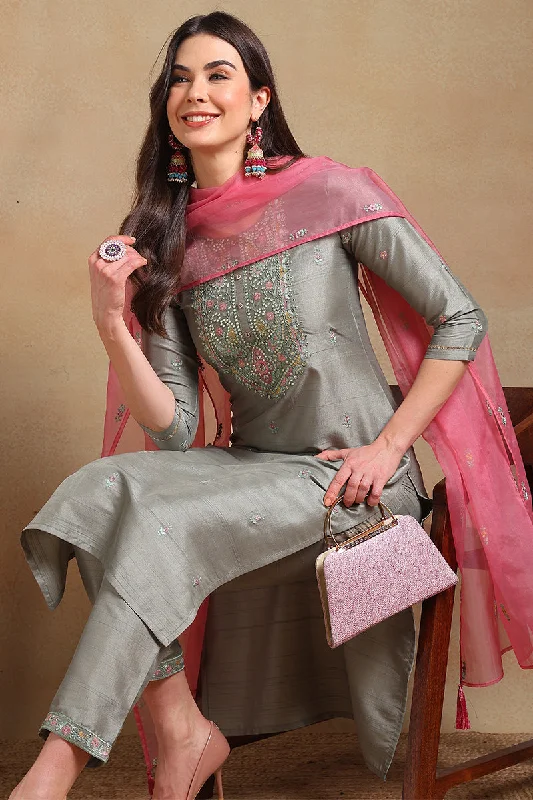 Women's Grey Silk Blend Embroidered Straight Kurta Pant Set With Dupatta - Ahika Soft Stretch Trousers Women's Grey Silk Blend Embroidered Straight Kurta Pant Set With Dupatta - Ahika Soft Stretch Trousers