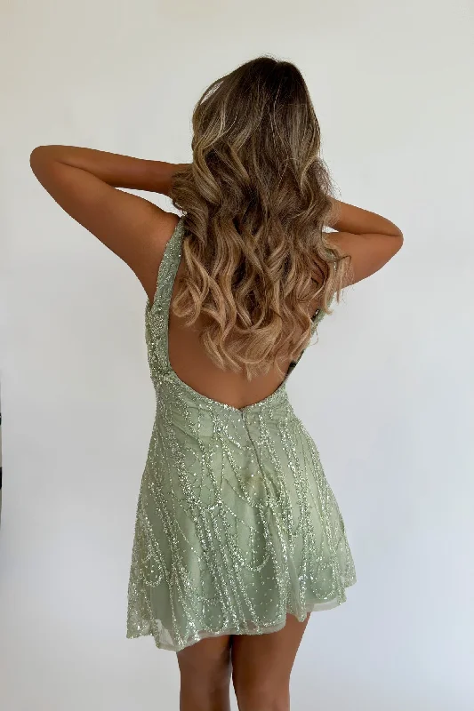 MINNA Fashion ATÉ Green Sequin Scoop Neck Mini Party Dress Tunics Brand named