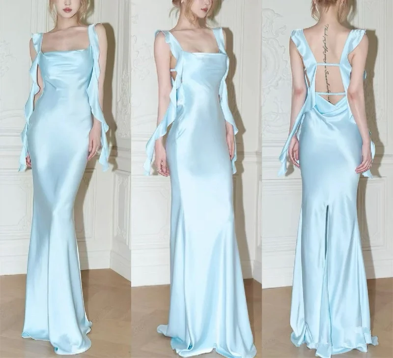 Blue Straps Satin Mermaid Long Party Dress Wedding Guest Dress, DP4431 Pencil Length Work Blue Straps Satin Mermaid Long Party Dress Wedding Guest Dress, DP4431 Pencil Length Work