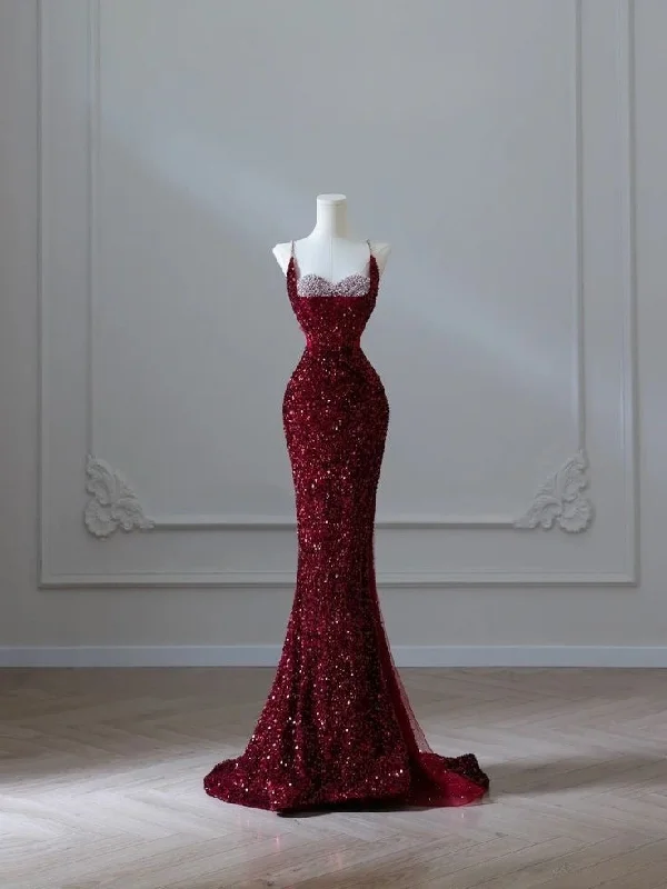 Wine Red Straps Sequins Mermaid Long Party Dress Evening Gown, DP4504 Tunics Luxurious premium Wine Red Straps Sequins Mermaid Long Party Dress Evening Gown, DP4504 Tunics Luxurious premium