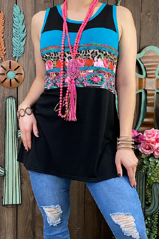 YMY12590 Leopard & floral black color block tank top crew neck tank