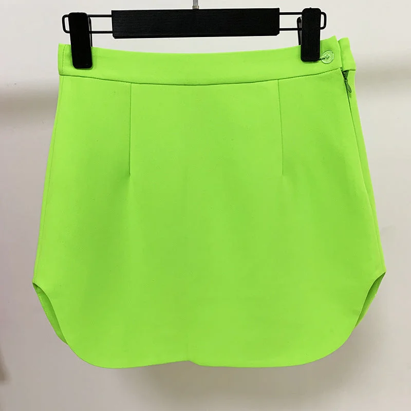Hight Waisted Neon Green Skirt Gold-tone Mini Skirt for Ladies high slit skirt