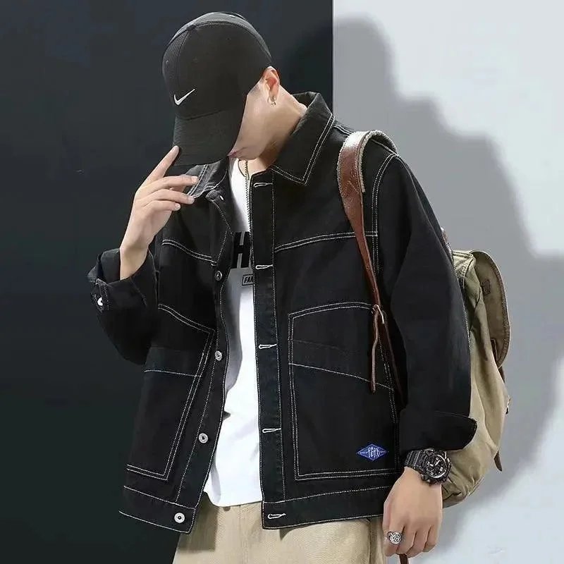 Black Streetwear Jean Jackets Welt Pockets Slit Pockets Flap Pockets