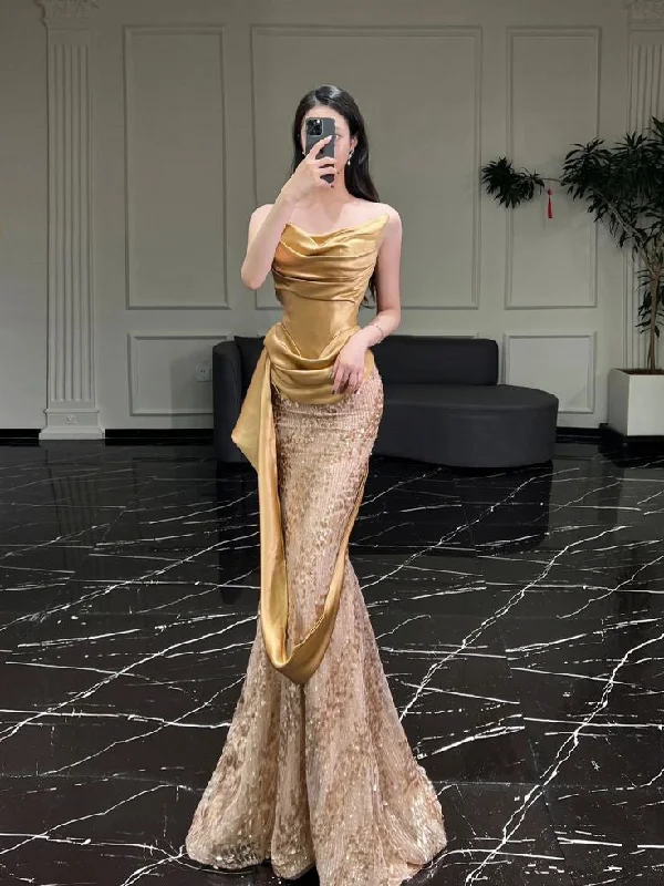 Elegant Strapless Mermaid Sequins Satin Long Formal Party Dress, DP4393 Halter Neckline Beach Elegant Strapless Mermaid Sequins Satin Long Formal Party Dress, DP4393 Halter Neckline Beach