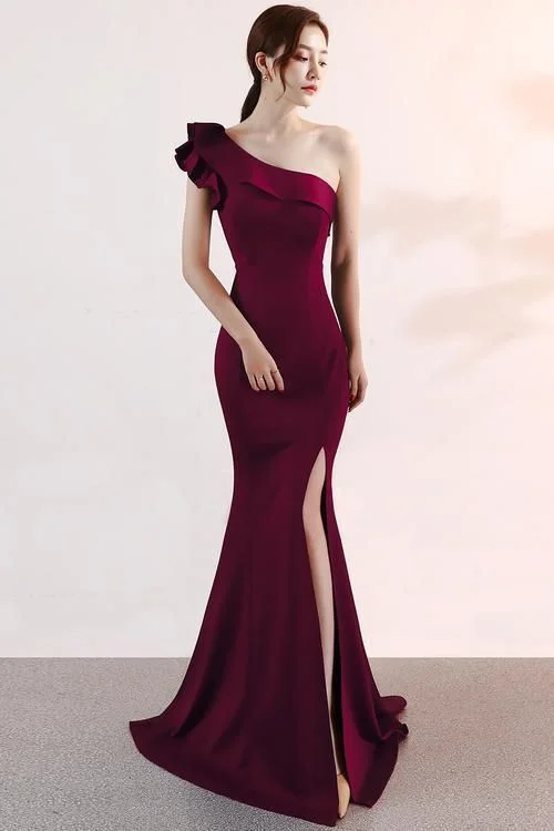 Beautiful Wine Red One Shoulder Slit Mermaid Party Dress, Elegant Prom Dress cg6121 Tunics Winter warm Beautiful Wine Red One Shoulder Slit Mermaid Party Dress, Elegant Prom Dress cg6121 Tunics Winter warm