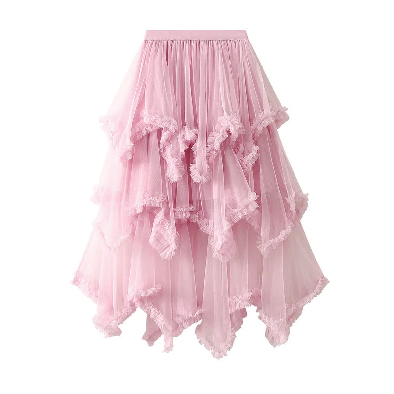 Baby Pink Aysmmetrical Hem Tulle Skirt lace skirt intricate