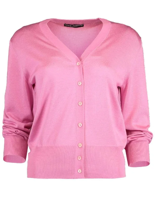 Solid Rose V-Neck Cardigan Ribbed Striped Patterned