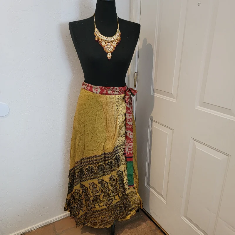 Boho Festival Green/ Gold Print Silk Reversible Wrap Maxi Skirt linen skirt natural