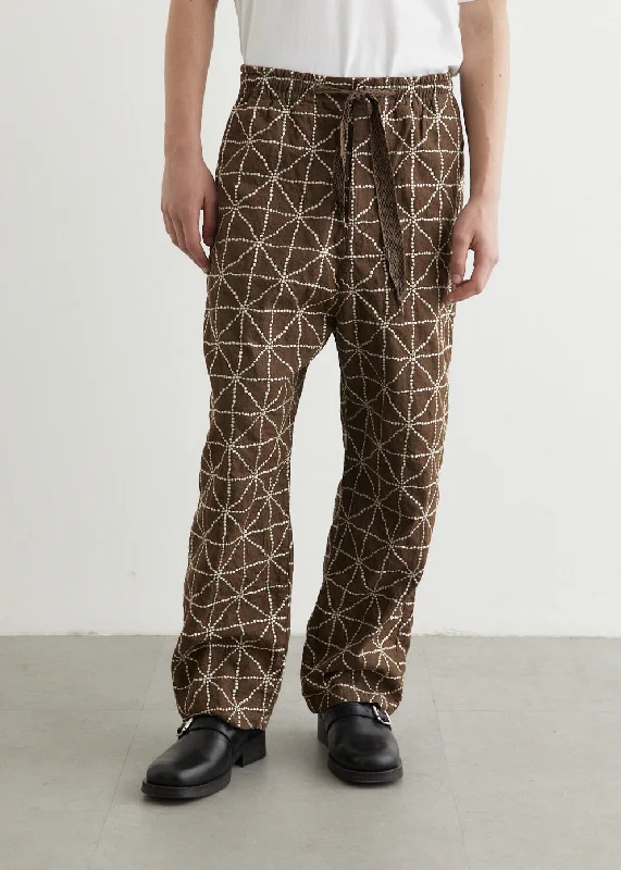 8oz Color Denim FOLK-DOJO Embroidery EASY Pants Comfortable Fleece Pants