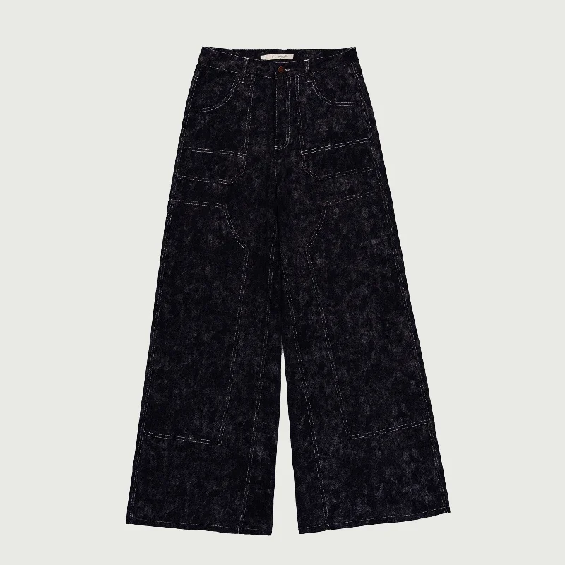 Womens Washed Wide Leg Carpenter Pant - Black Elegant High-Waist Pants