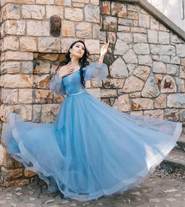Blue Long Prom Dresses Off the Shoulder with Sleeve Party Dresses cg4858 Tunics Bridal satin