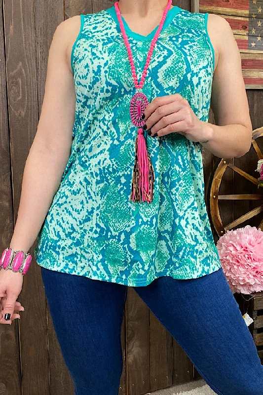 GJQ9318 Turquoise snake skin printed tank top tie dye tank