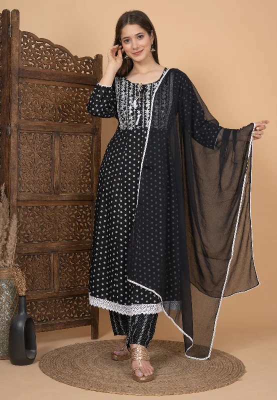 Women's Black Rayon Embroidered Printed Anarkali Kurta With Pant And Dupatta - Singni Wide-Legged Palazzos Women's Black Rayon Embroidered Printed Anarkali Kurta With Pant And Dupatta - Singni Wide-Legged Palazzos