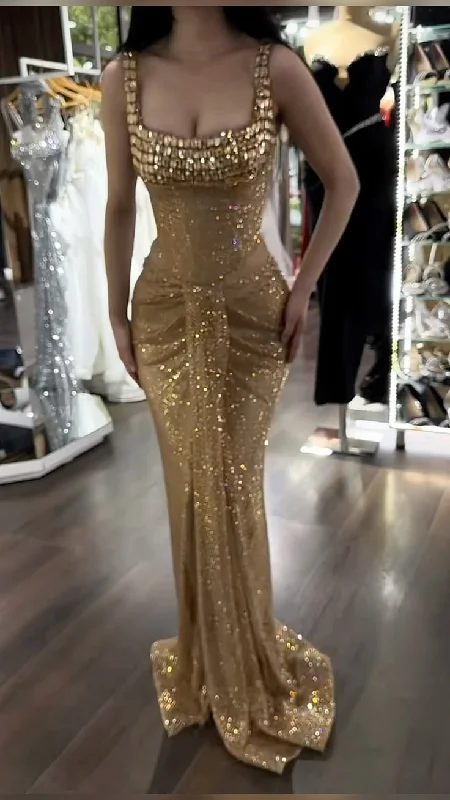 Stunning Gold Straps Mermaid Long Evening Dress Shiny Party Dress, DP4760 Tunics Solid Classic Stunning Gold Straps Mermaid Long Evening Dress Shiny Party Dress, DP4760 Tunics Solid Classic