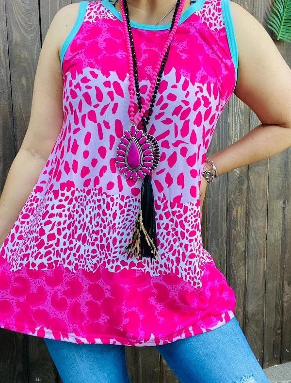 Fuchsia leopard printed turquoise v-neckline&armhole line tank top for women XCH14851 bronze tank top