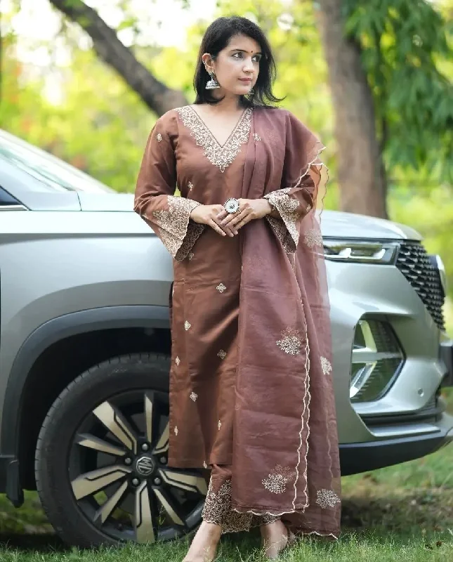 Women's Brown Embroidery Kurta With Pant And Duppata Set - Dwija Fashion Cozy Lounge Pants