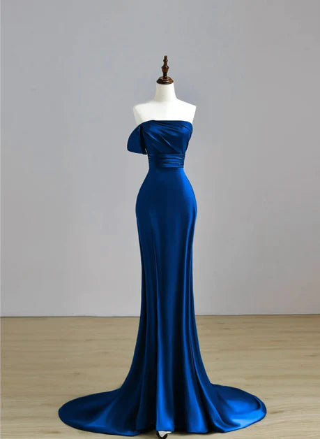 Noble and minimalist navy blue satin shoulder less mermaid spoon long party dress with navy blue backless straps and ground length ball dress Tunics Fleece cozy Noble and minimalist navy blue satin shoulder less mermaid spoon long party dress with navy blue backless straps and ground length ball dress Tunics Fleece cozy